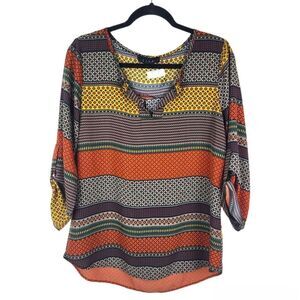 Ezra 3/4 Sleeve Blouse Popover Top Multicolor Floral Geometric Fits Medium
